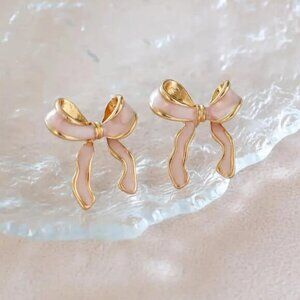 Brand New Pink Enameled Bow Earrings with Gold Lining
